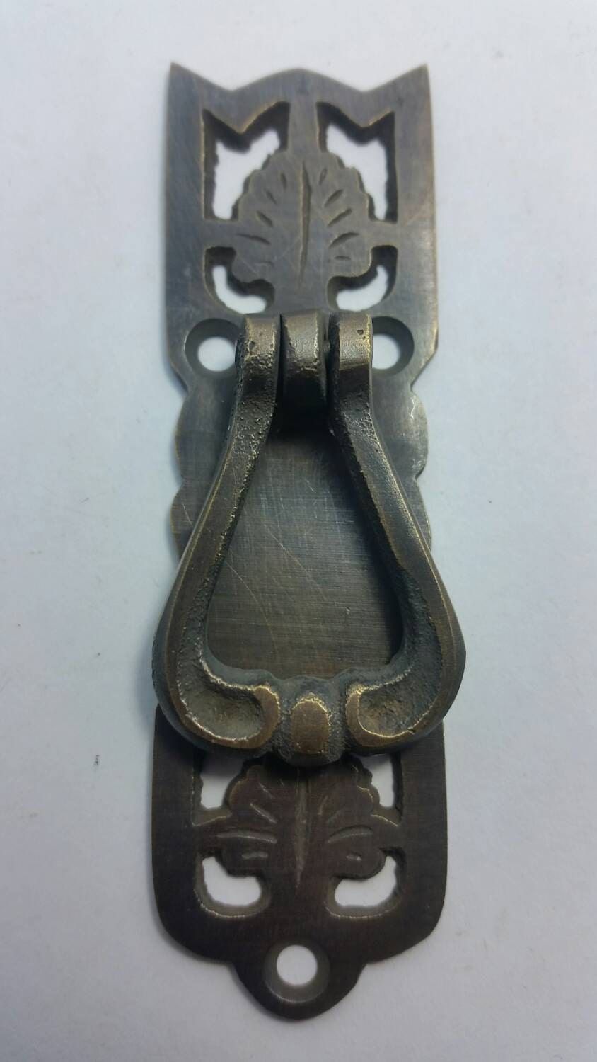 4 x Vertical Handles w. Ring Pull Leaf Design Arts and Crafts 3 3/8" #H21