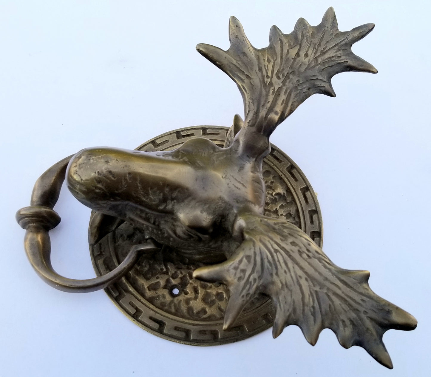 Large unique antique vintage style brass Moose Head Door Knocker approx: 7" wide x 8-1/2"tall #D5