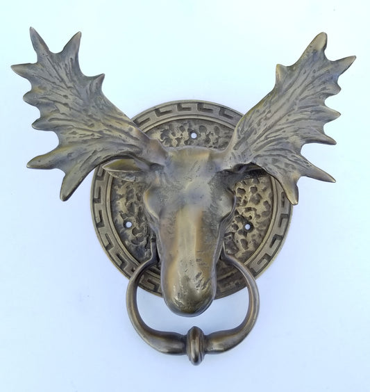 Large unique antique vintage style brass Moose Head Door Knocker approx: 7" wide x 8-1/2"tall #D5