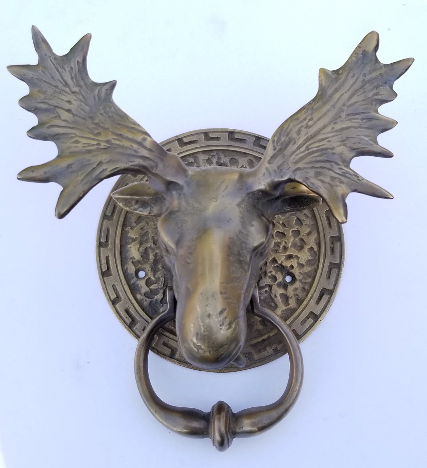 Large unique antique vintage style brass Moose Head Door Knocker approx: 7" wide x 8-1/2"tall #D5