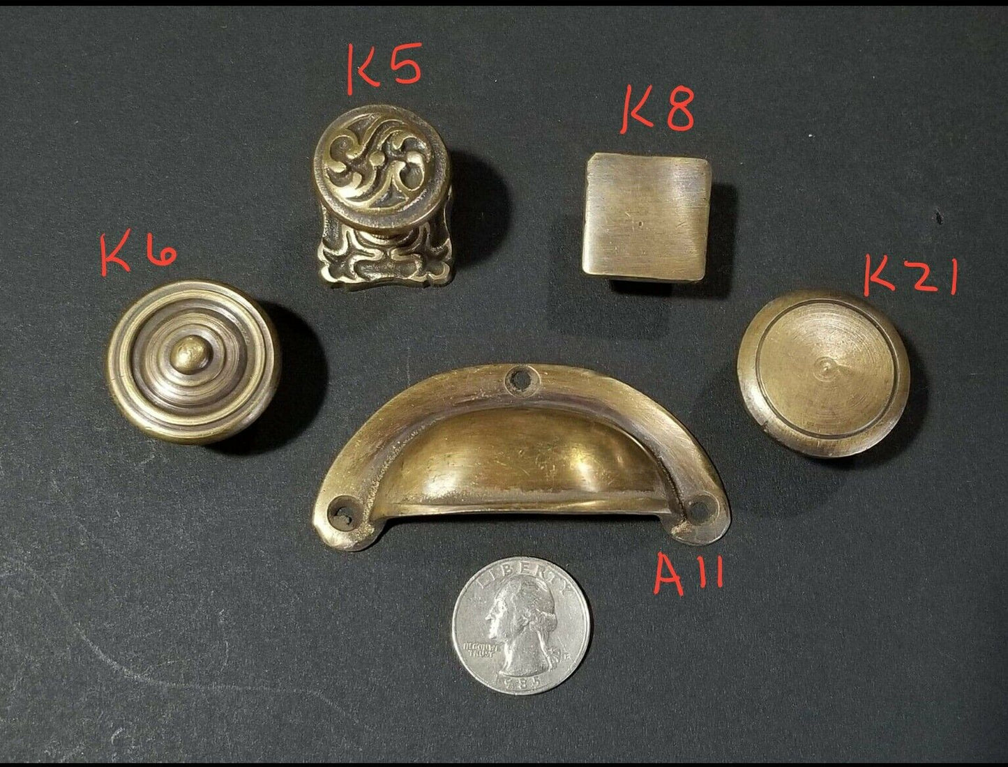 4 small Antique Bin Cup Pull Drawer Cabinet Handle Solid Brass 2-1/2"cntr. #A11
