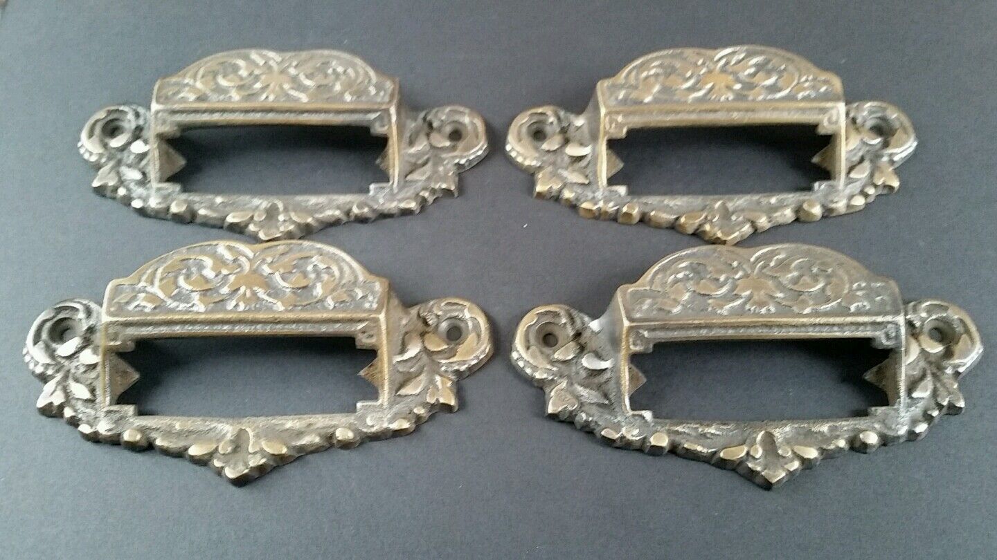 4 Victorian Antique Style Apothecary Bin Pull Handles w.label holder 3-3/4"c #A7