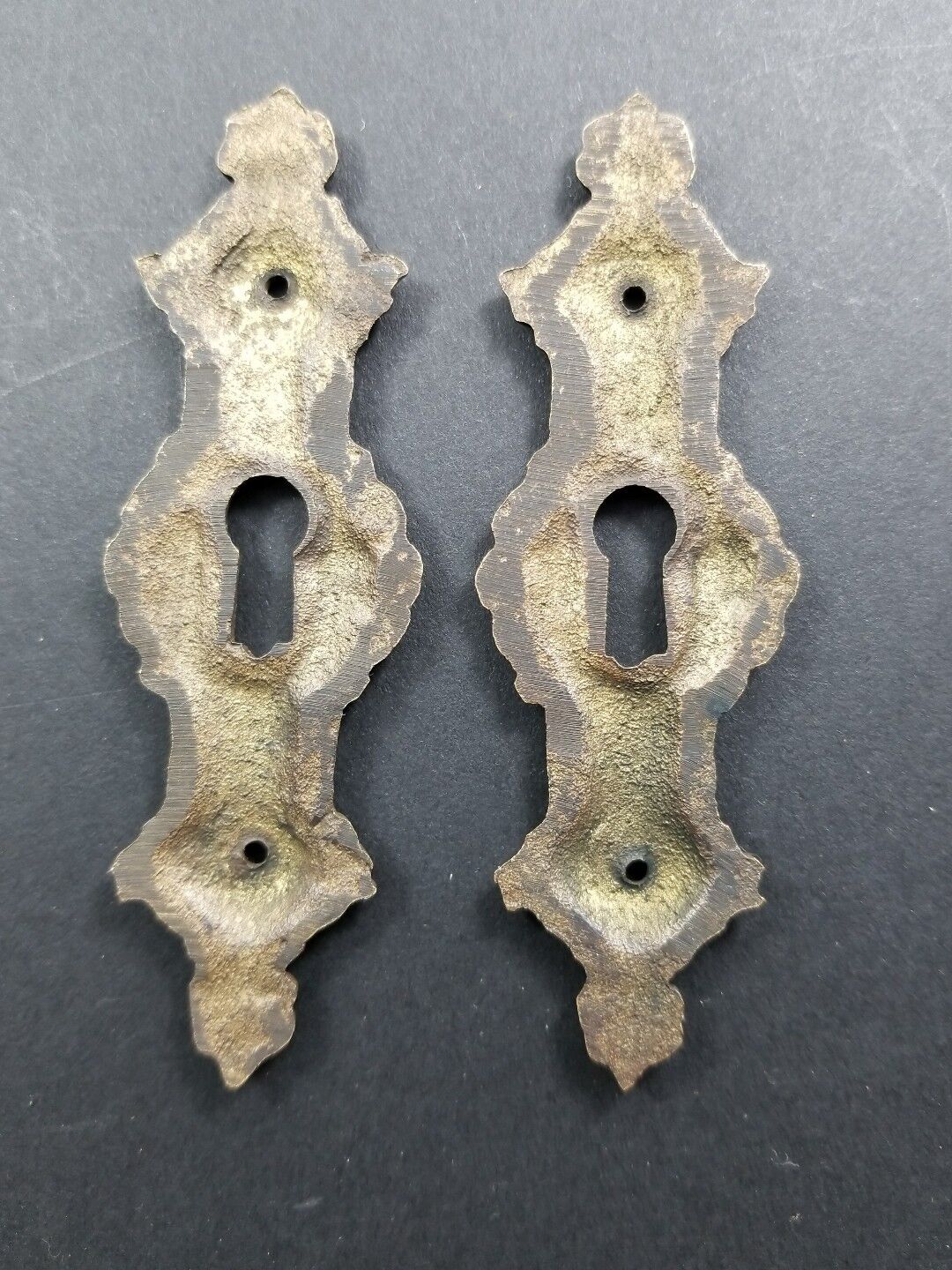 2 Antique Style Brass French Escutcheons Hardware Ornate Keyhole 3 1/4" #E20
