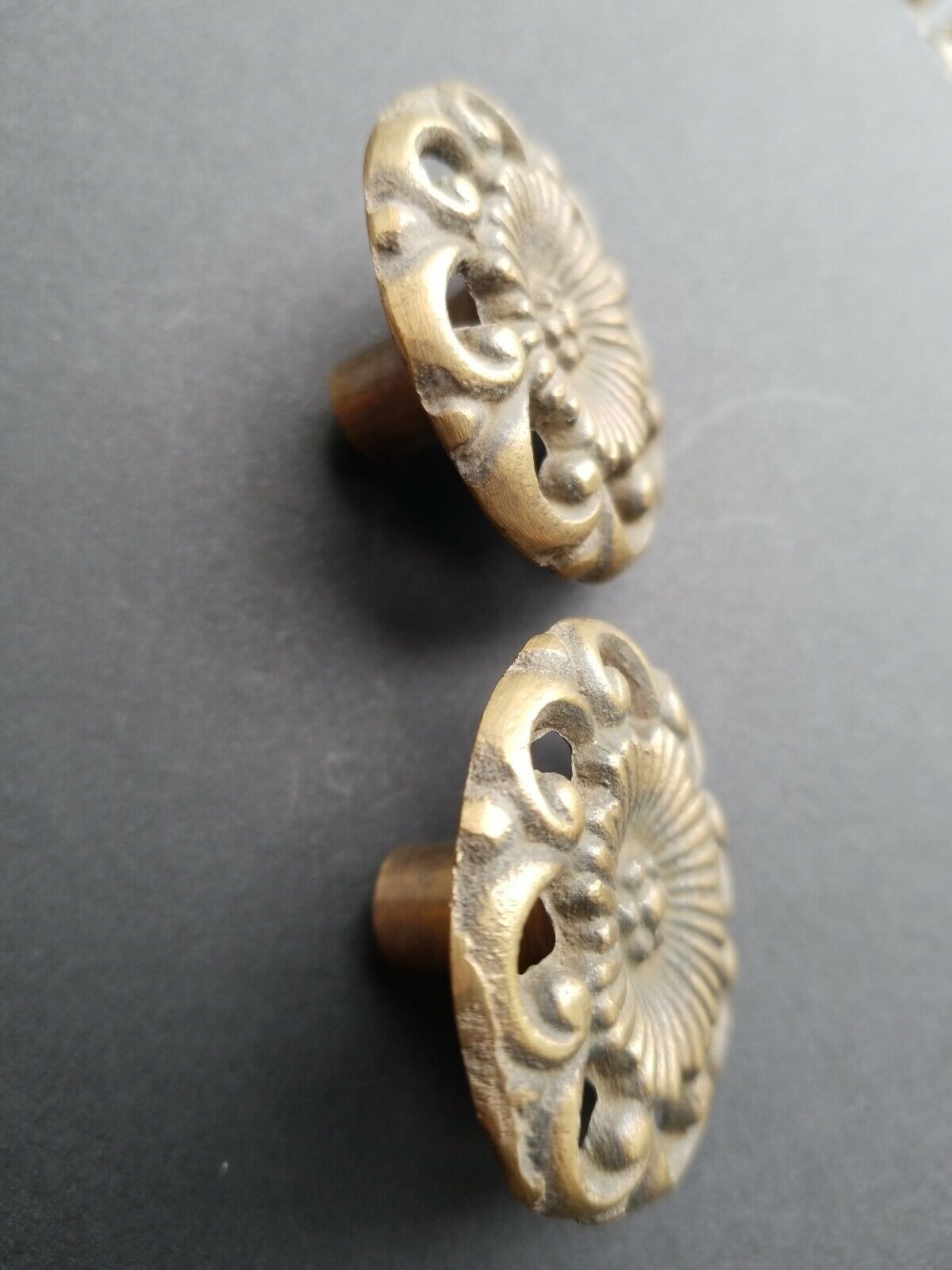 2 Antique Style Solid Brass ROUND KNOBS Ornate FLORAL 1-5/8" dia. #K24