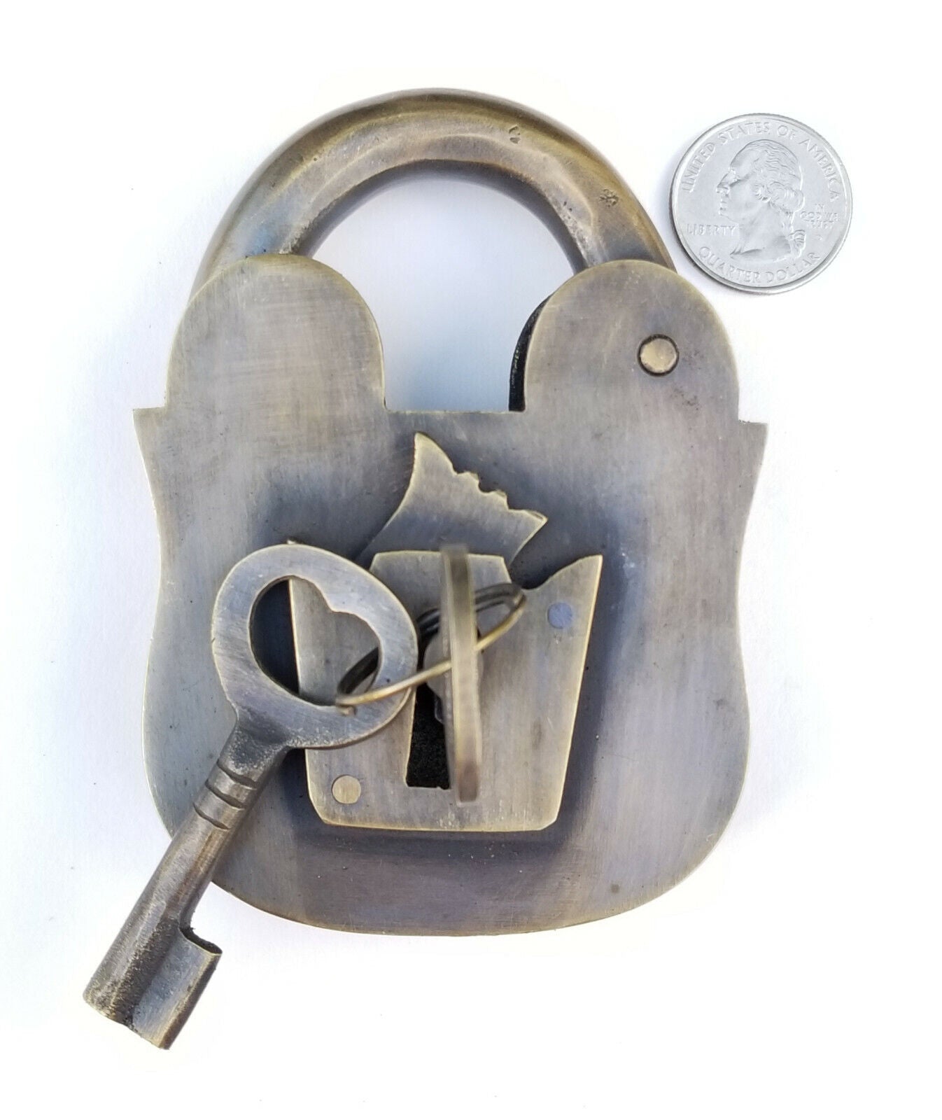 Large 4" PADLOCK Vintage stye old antique Solid Brass with 2 Skeleton Keys #L5