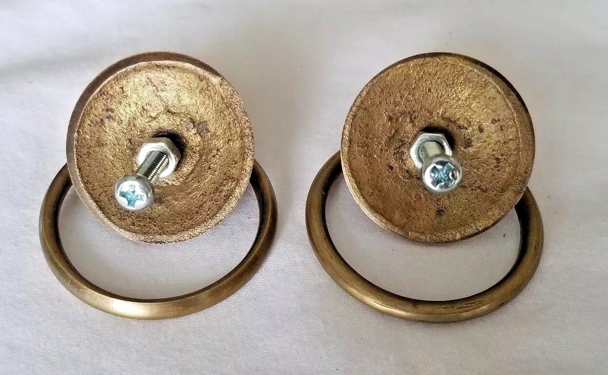 2 Rustic Antique Style Brass Round Ring Pull Handles 1-3/8" backplate #H45