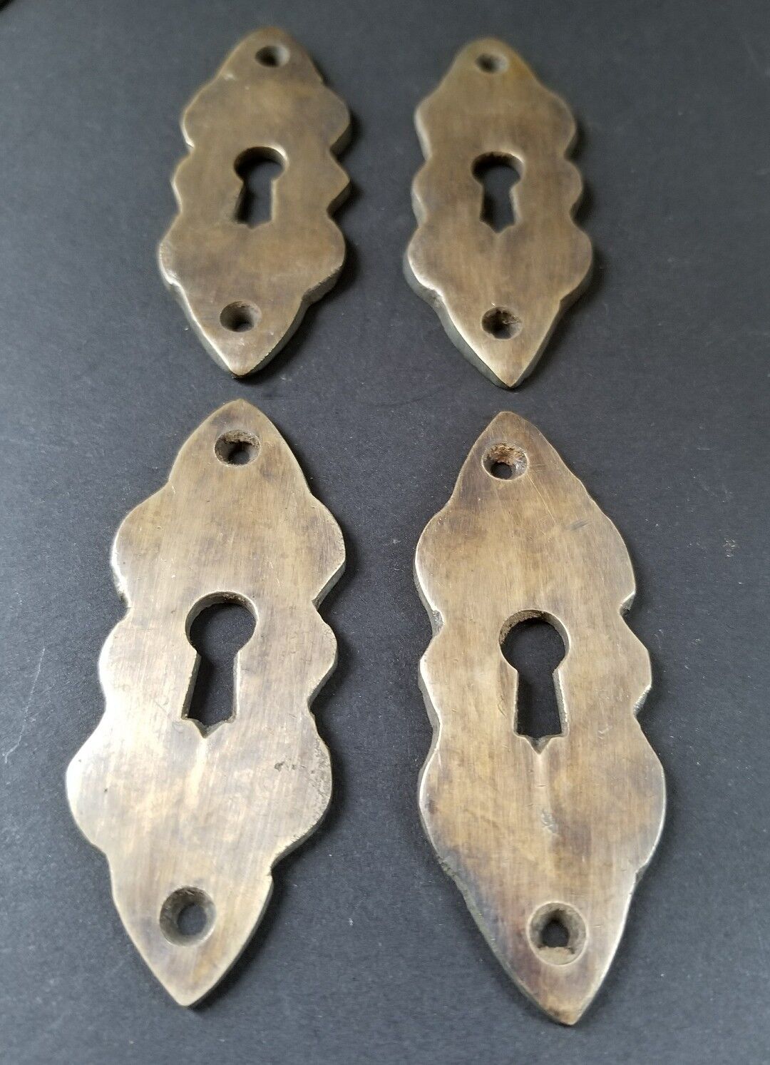 4 vintage antique brass escutcheons 2 3/4" tall x 1" wide, jewelry component #E3