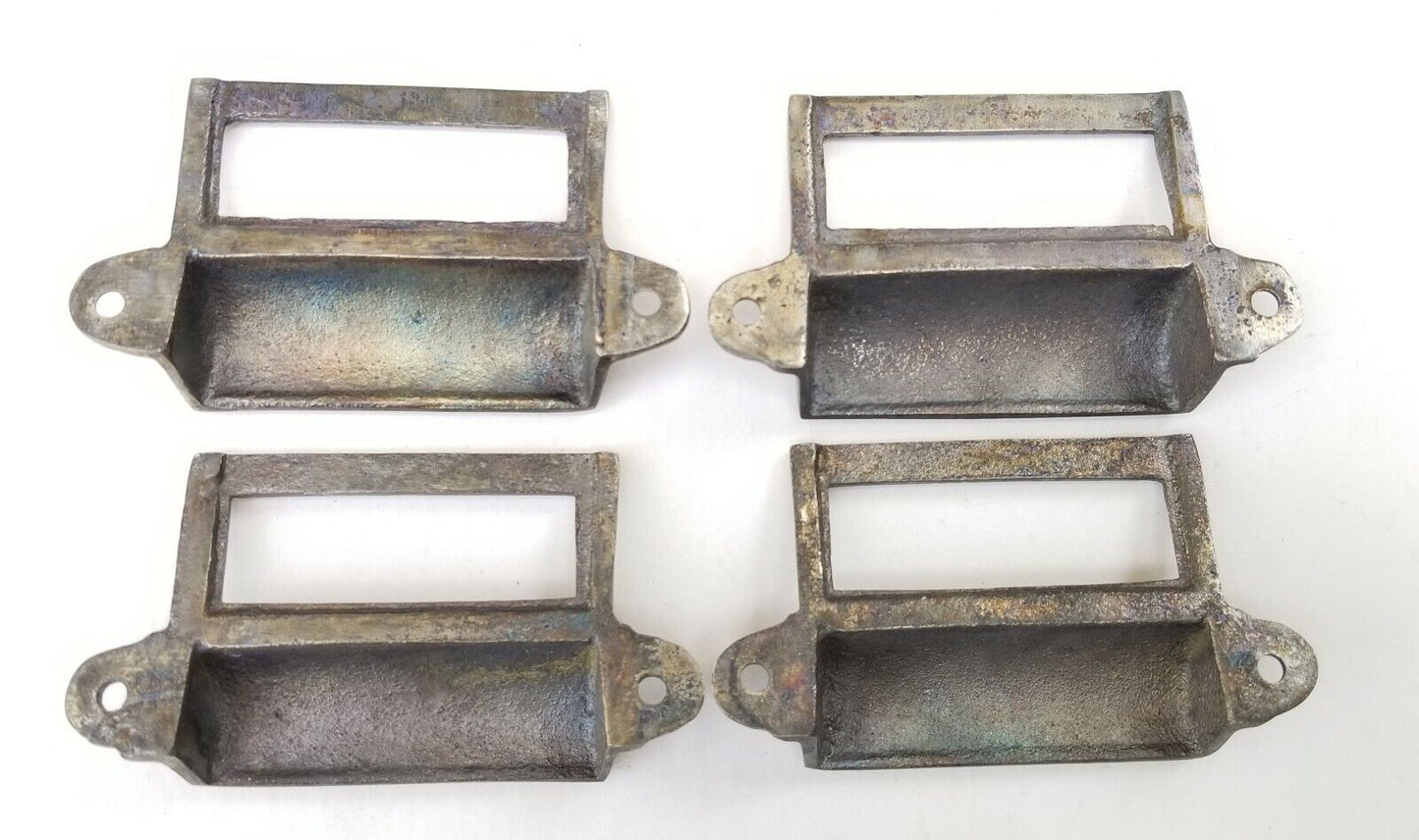 4 Antique Pewter brass Card File Cabinet Handle, File Label Holders 3-1/4"w. #Q3