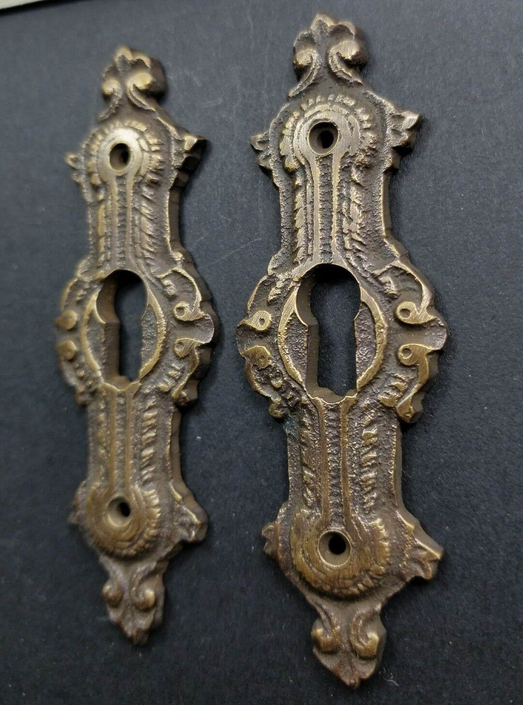 2 Antique Style Brass French Escutcheons Hardware Ornate Keyhole 3 1/4" #E20