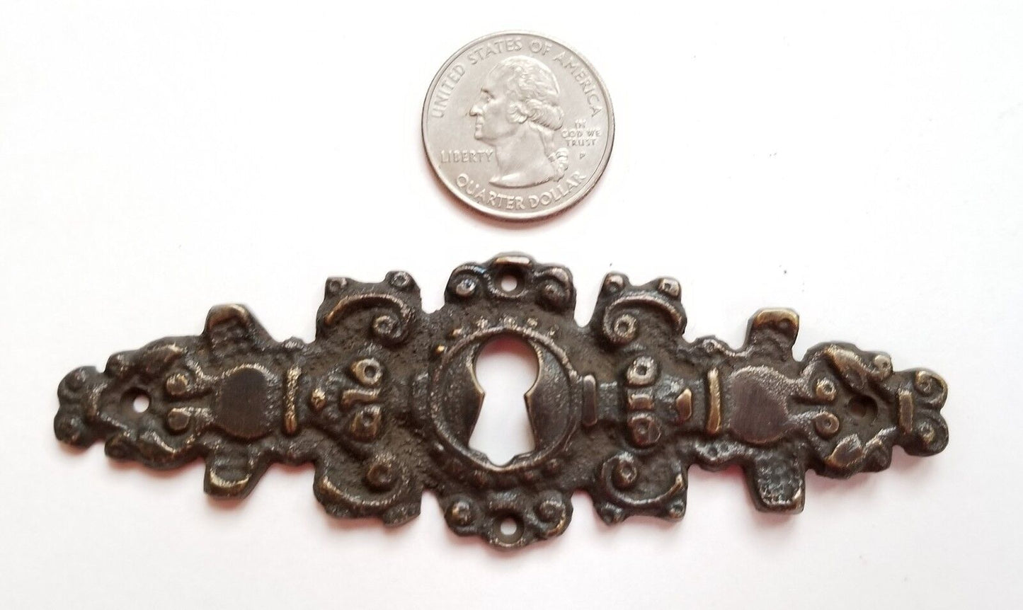 2 Antique Brass Keyhole French Escutcheons Hardware Ornate Keyhole 4-1/4" #E8