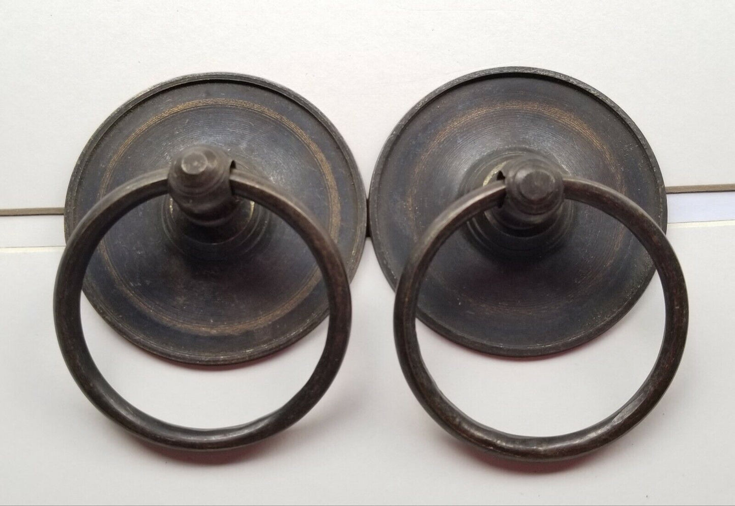 2 Rustic Antique Large Brass Round Rng Pull Handles 2-3/8" backplate ,bolts #Q9