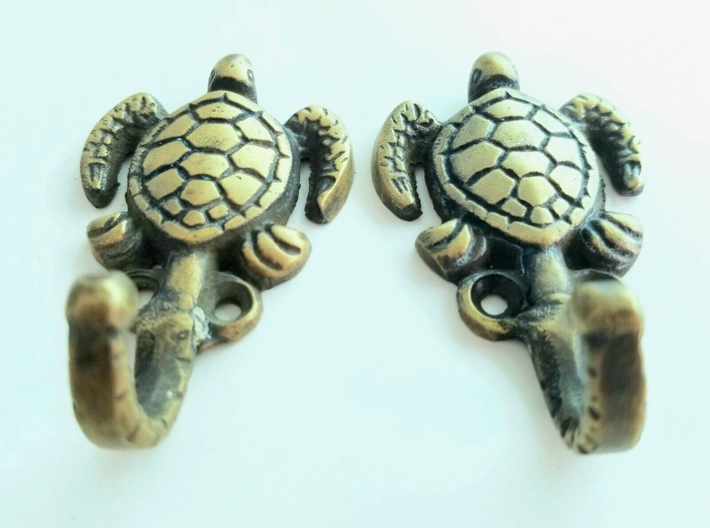 2 Sm.Sea Turtle Coat Hat Towel Hooks Solid Brass Antique Vtg style 2-1/2"l. #C19