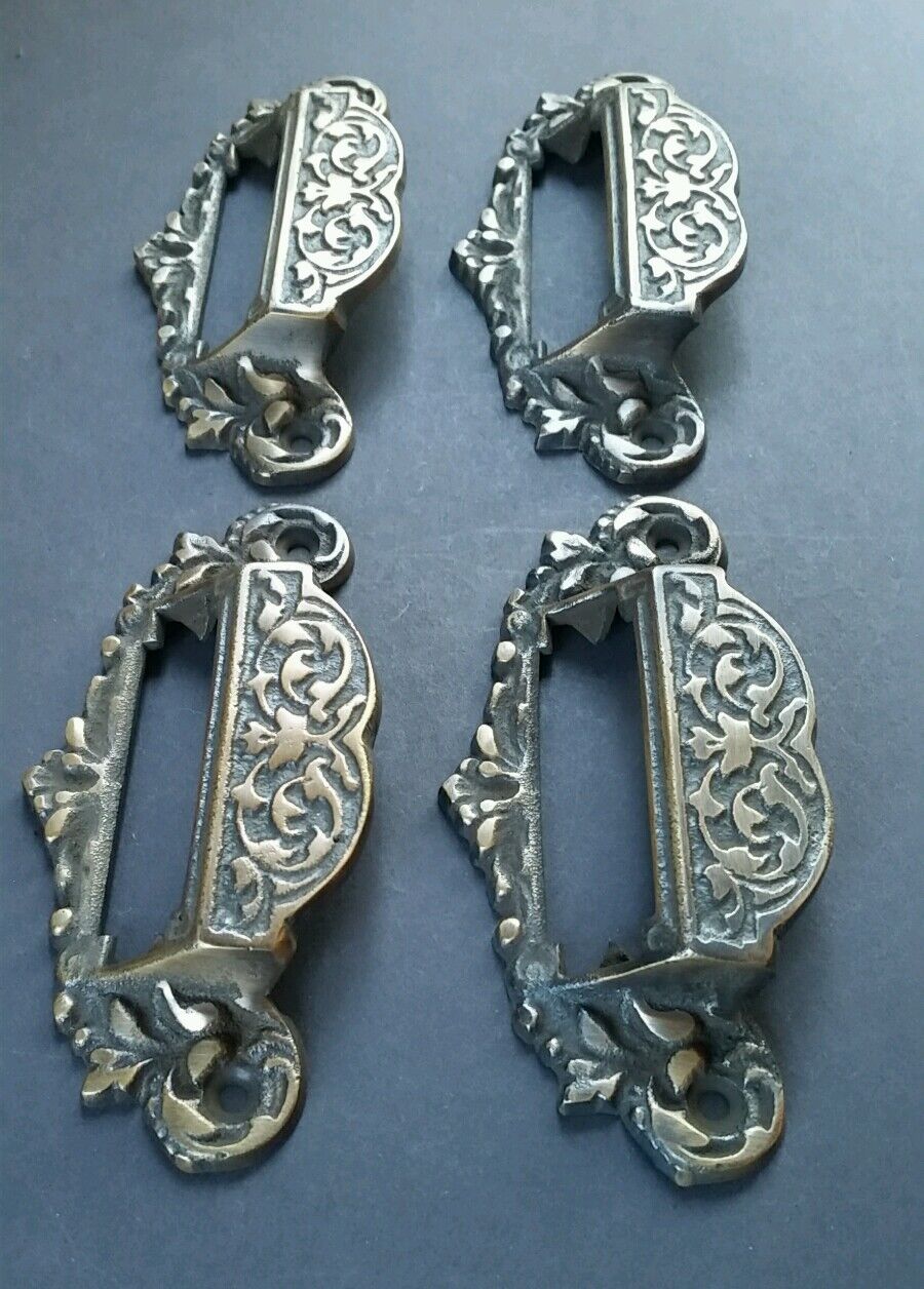 4 Victorian Antique Style Apothecary Bin Pull Handles w.label holder 3-3/4"c #A7