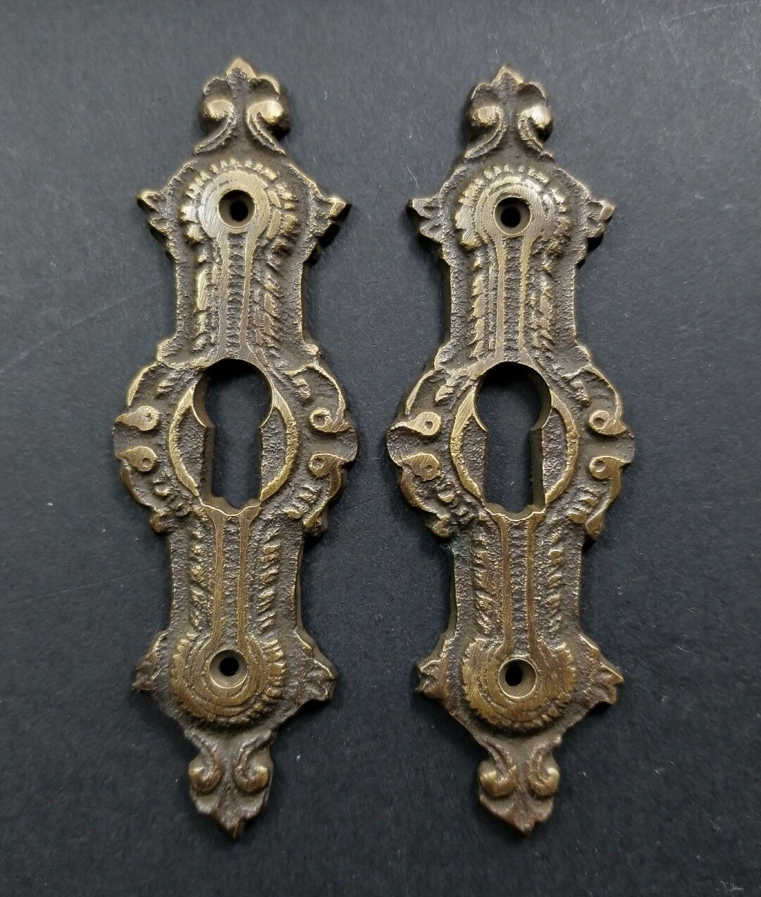 2 Antique Style Brass French Escutcheons Hardware Ornate Keyhole 3 1/4" #E20