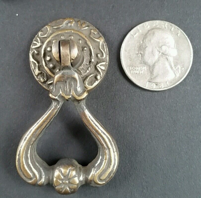 4 Ornate Brass Antique Style Handles Pulls Knob w Detailed Drop Ring 2 1/4" #H11