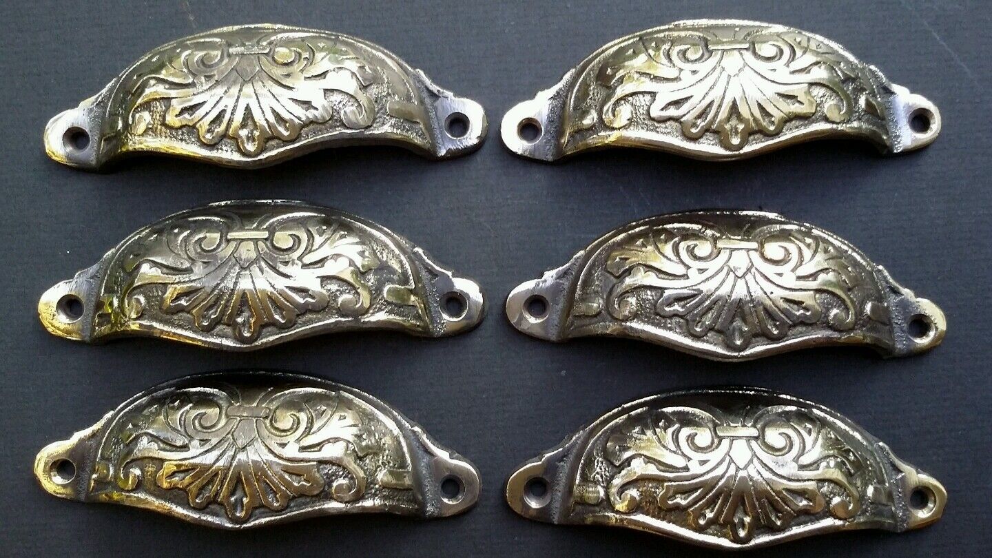 6 Apothecary Drawer Pull Handles "POLISHED" brass 3-1/2"c. Ant. Vict. Style #A1