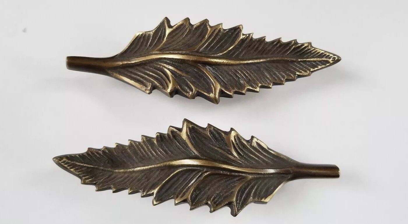 2 x brass detailed Organic Leaf Shape cabinet drawer pull handles 5-3/4" #P25