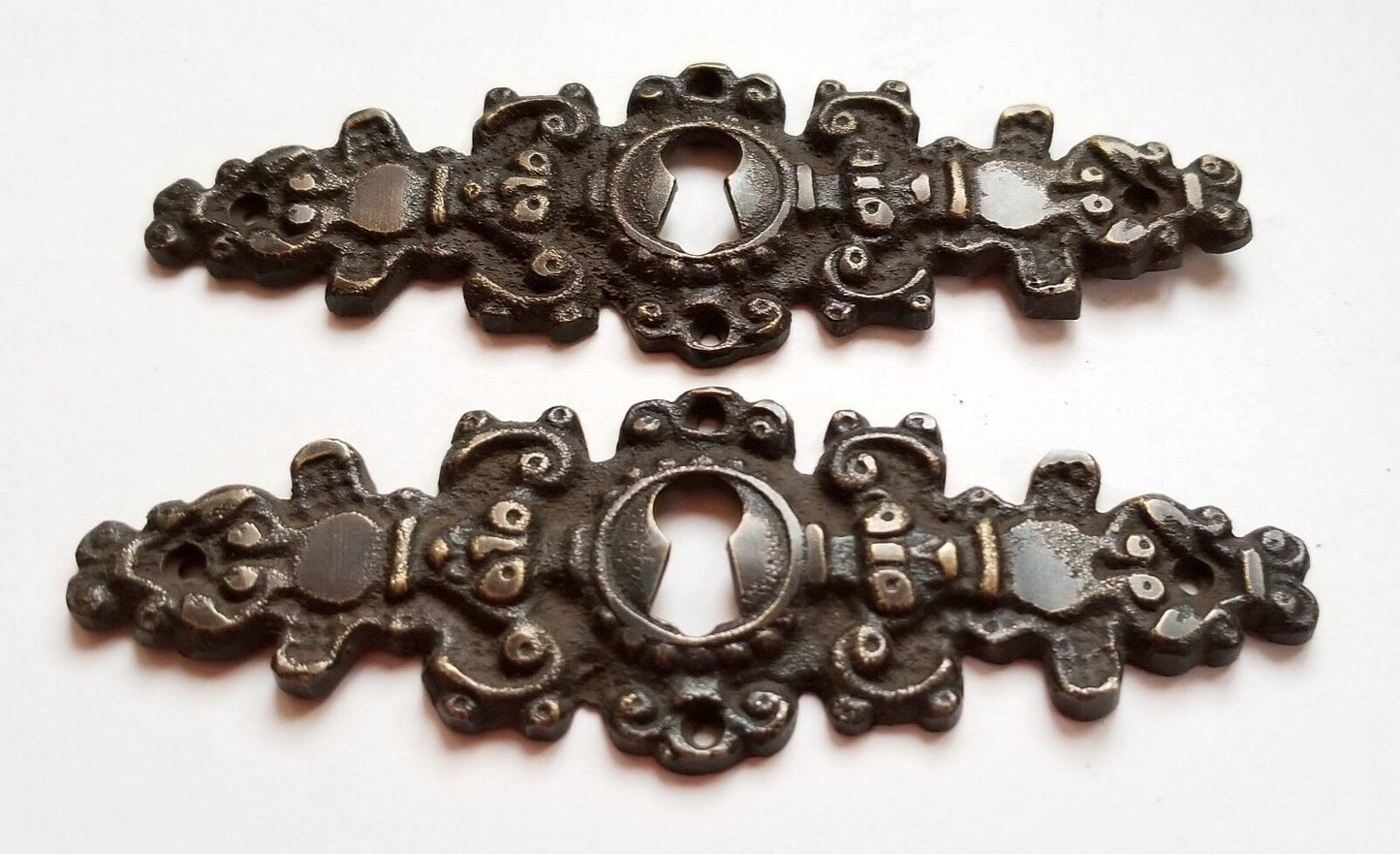 2 Antique Brass Keyhole French Escutcheons Hardware Ornate Keyhole 4-1/4" #E8