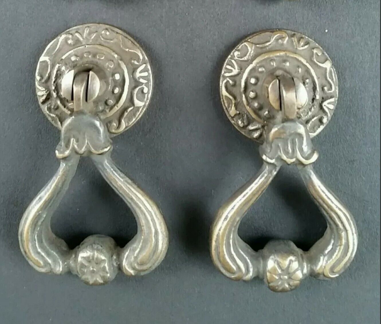 2 Ornate Brass Antique Style Handles Pulls Knob w Detailed Drop Ring 2-1/4" #H11