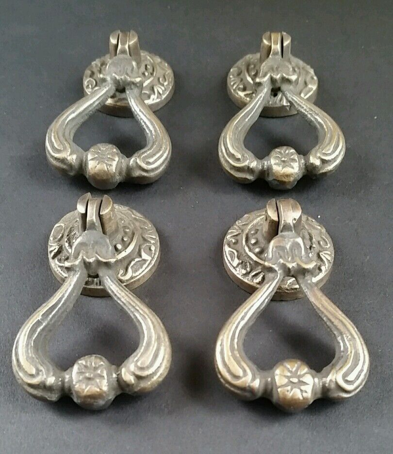 4 Ornate Brass Antique Style Handles Pulls Knob w Detailed Drop Ring 2 1/4" #H11