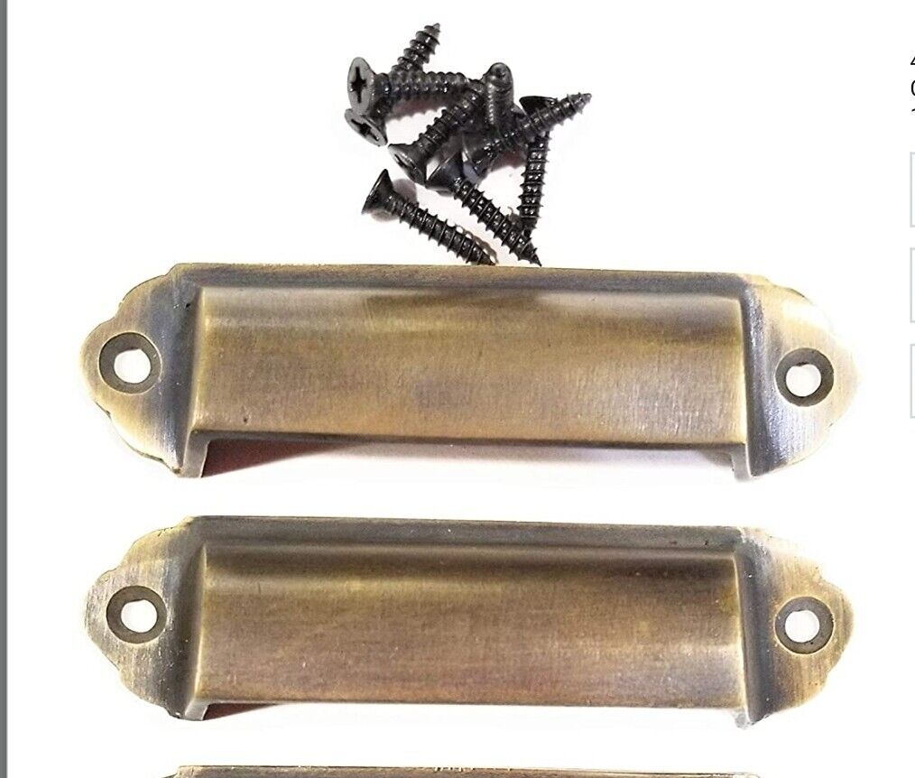 4 Antique Vintage Style Brass File Cabinet, Bin Pull Cup Handles 3-1/8" ctr #A18