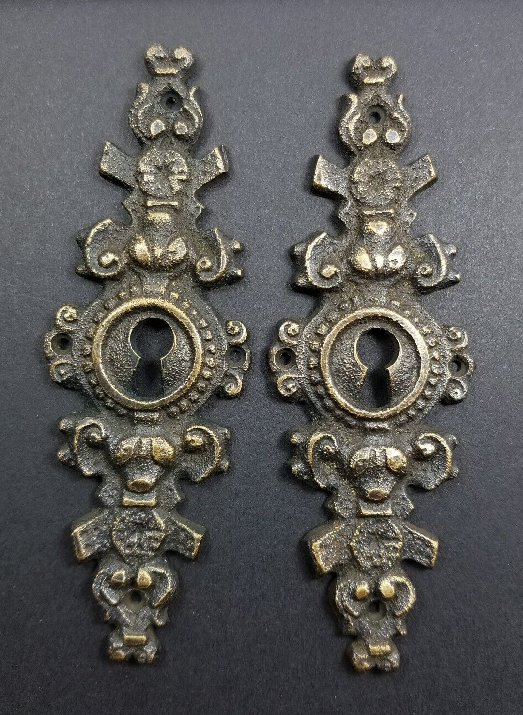 2 Vtg. Antique Style French Eschutcheons Key Hole Cover 4-1/4" jewelry part #E19