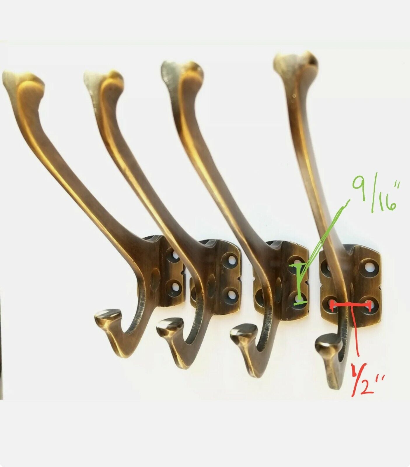 2 Antique Style Arts and Crafts Mission Coat Hat double hooks 4" solid brass #C7
