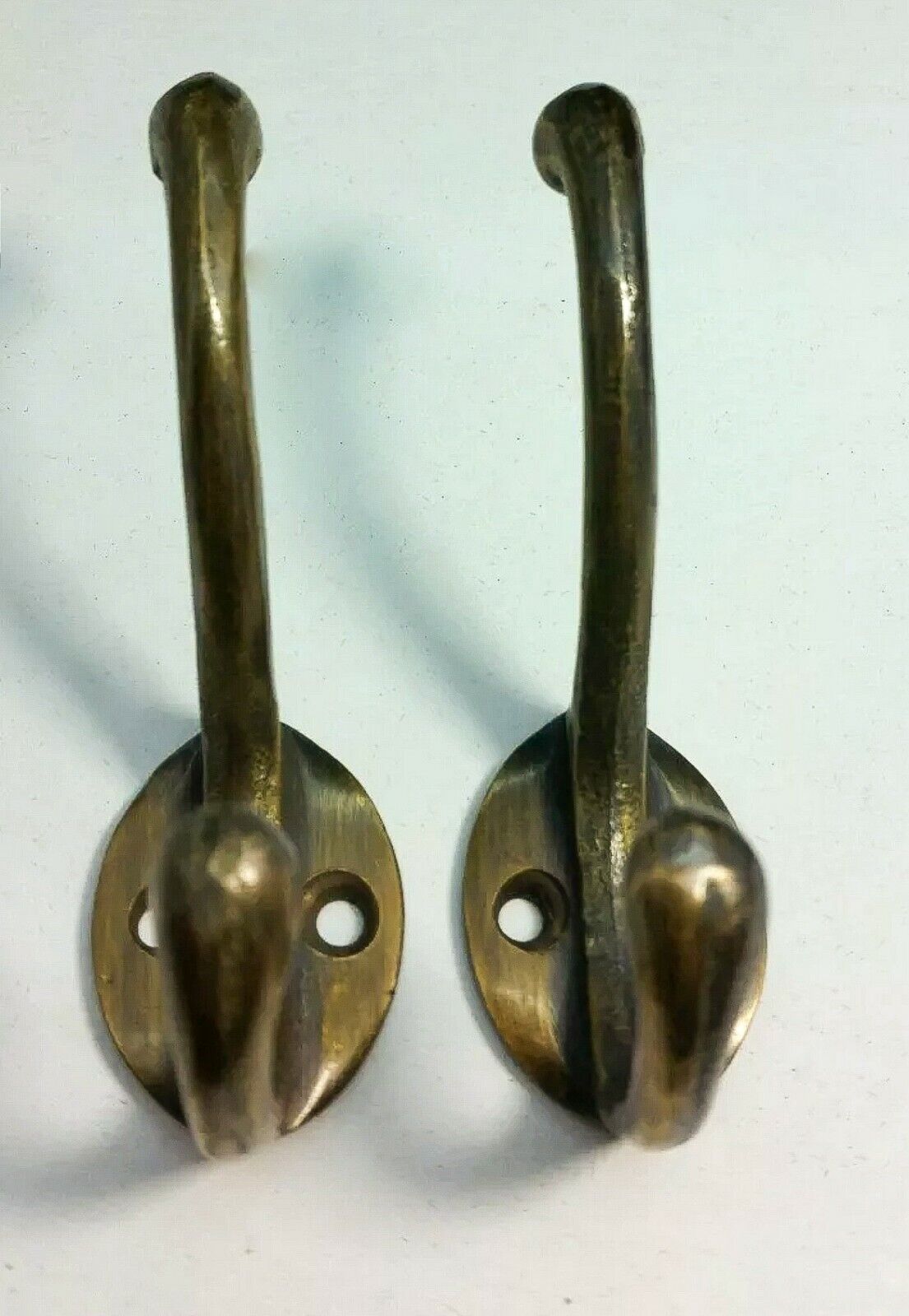 2 Solid Antique Brass Double Coat Hooks w. Oval Backplate 3" x 2" #C9