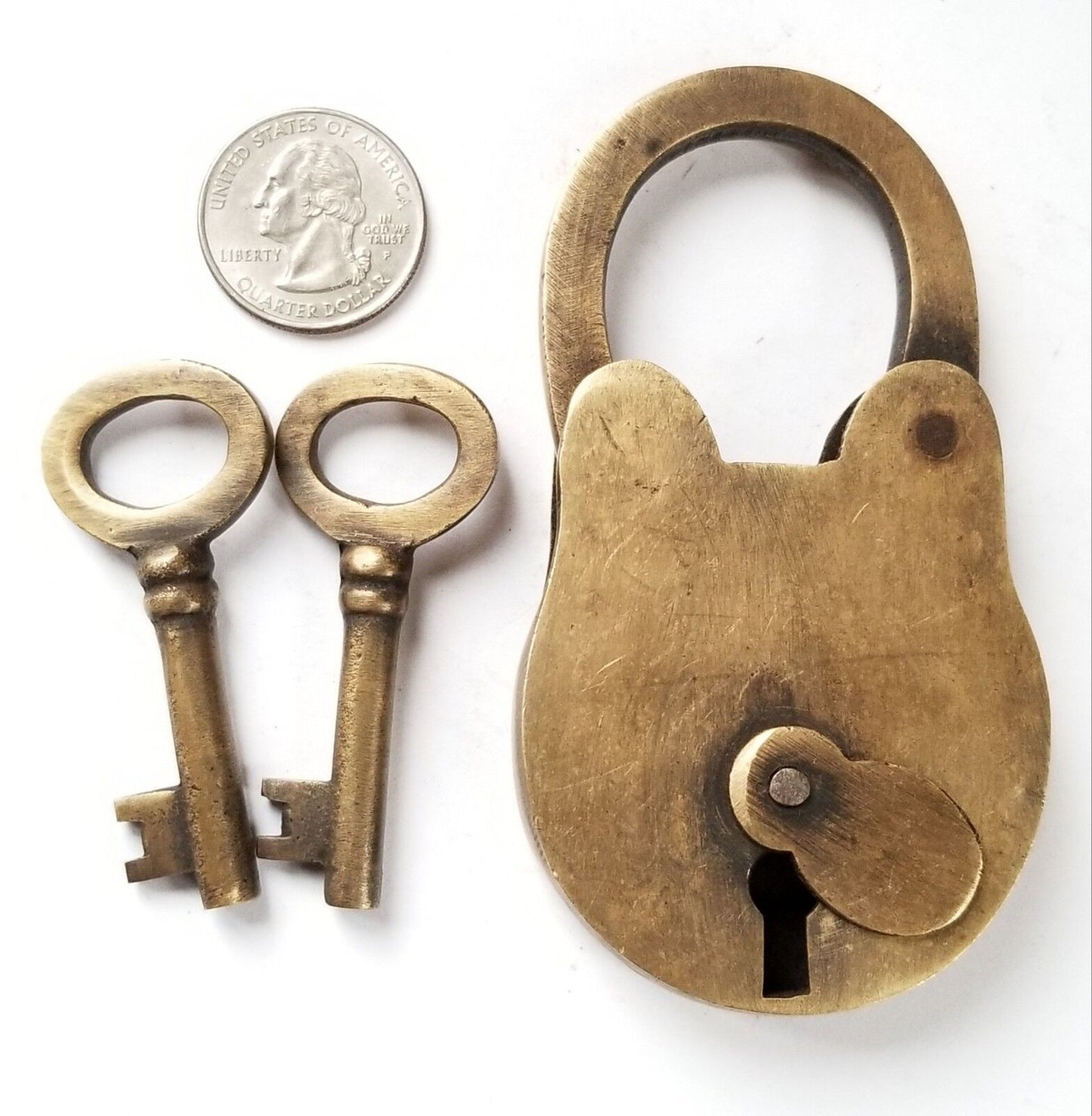Vtg. Antique Style Love Valentine BRASS PADLOCK Skeleton KEYS LOCK works #L2