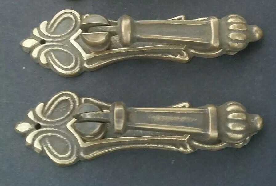 2 x Antique Style Vertical Brass Ornate Pendant Drop Pull Handles 3 1/4" #H7