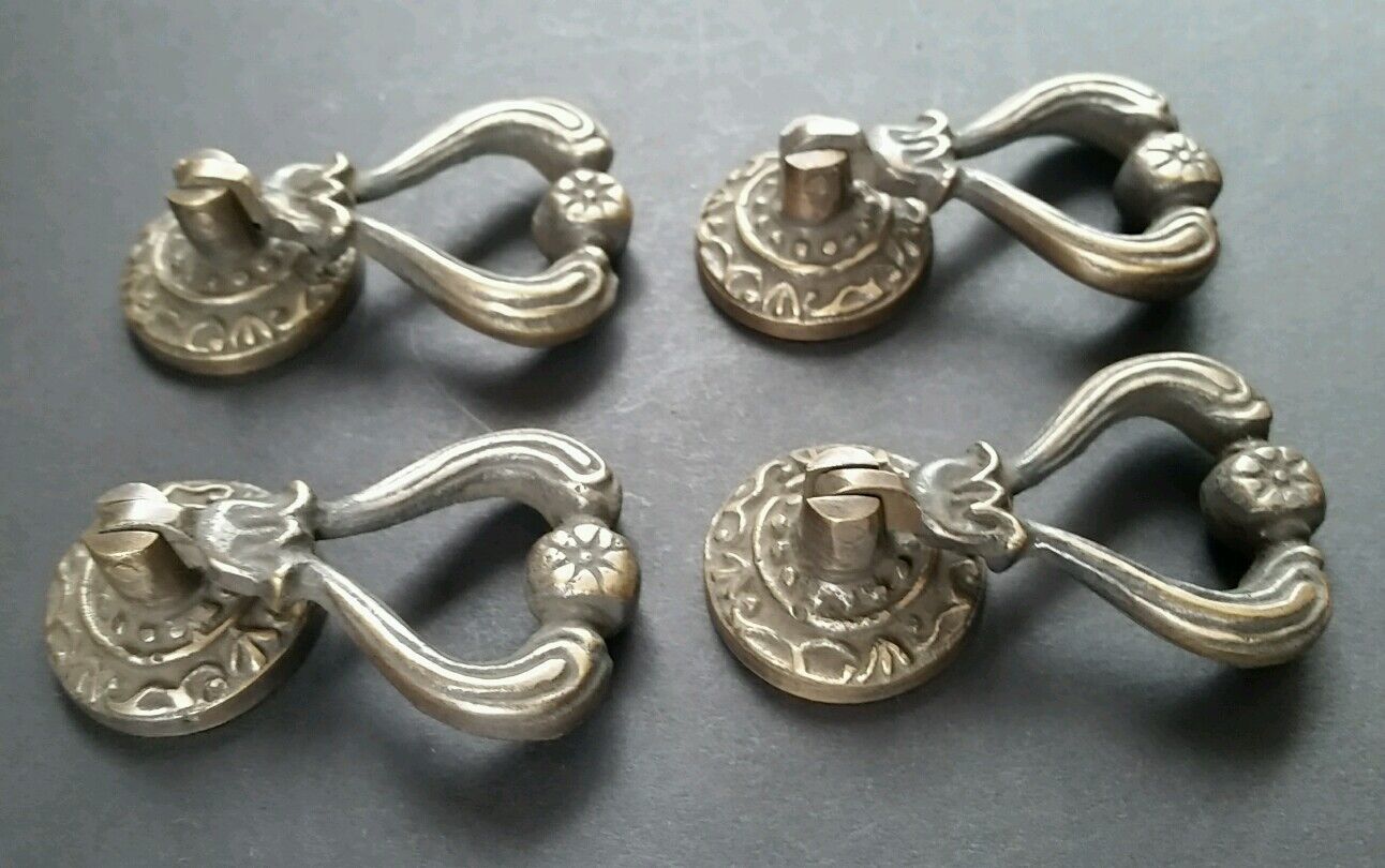 4 Ornate Brass Antique Style Handles Pulls Knob w Detailed Drop Ring 2 1/4" #H11