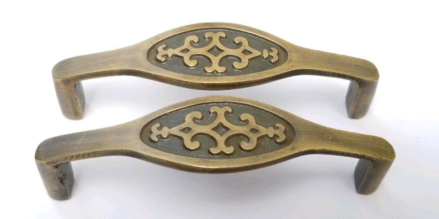 2 Vtg Retro style Brass Cabinet Cupboard Kitchen Handles Pulls 3-1/2"ctr. #P22