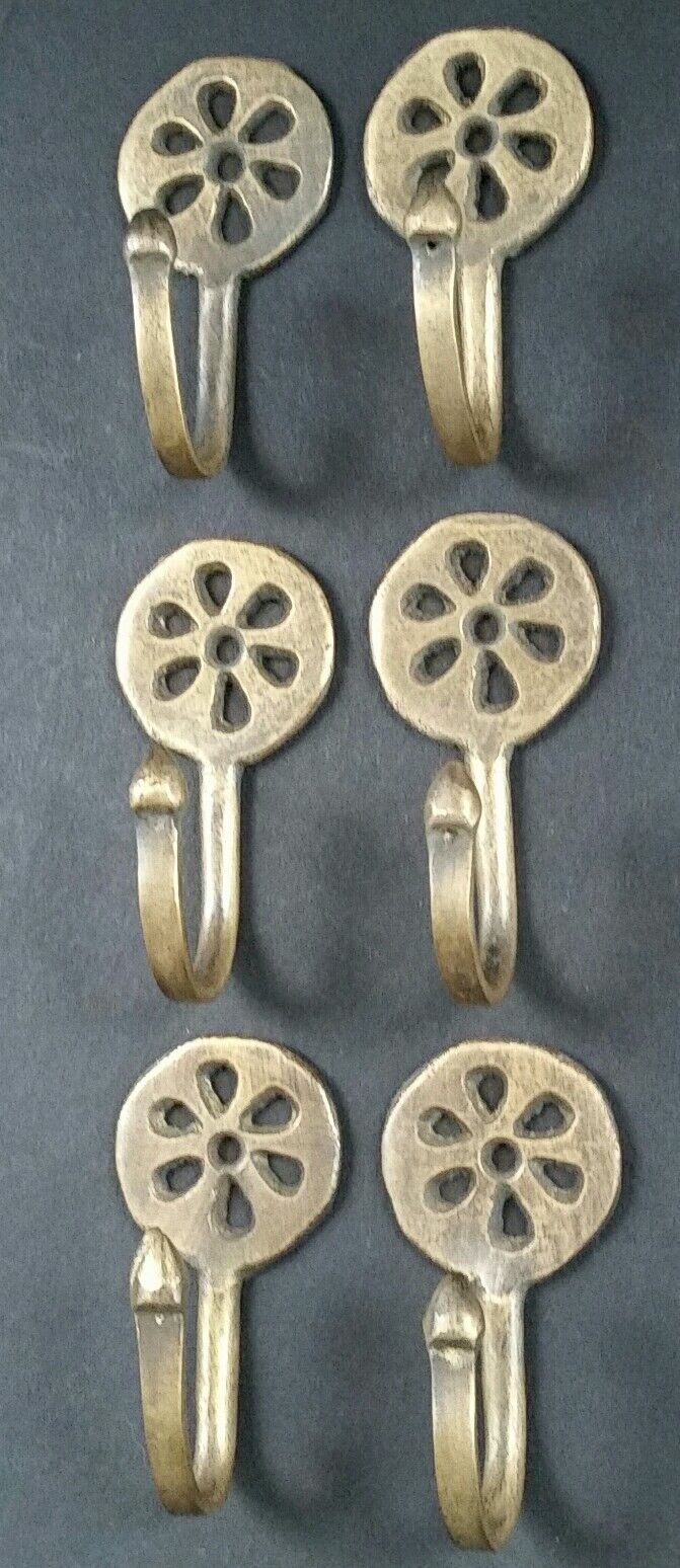 6 x Brass Antique Style Small Single Coat Hooks Floral Daisy Ornate 2-3/8"l. #C5