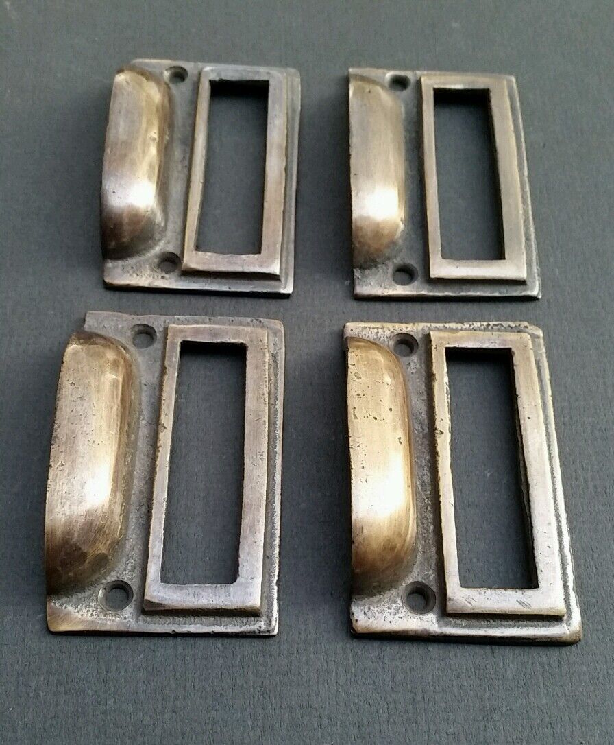 4 tarnished brass File Apothecary drawer pull Handles 2 3/4"w. Label holders #F1