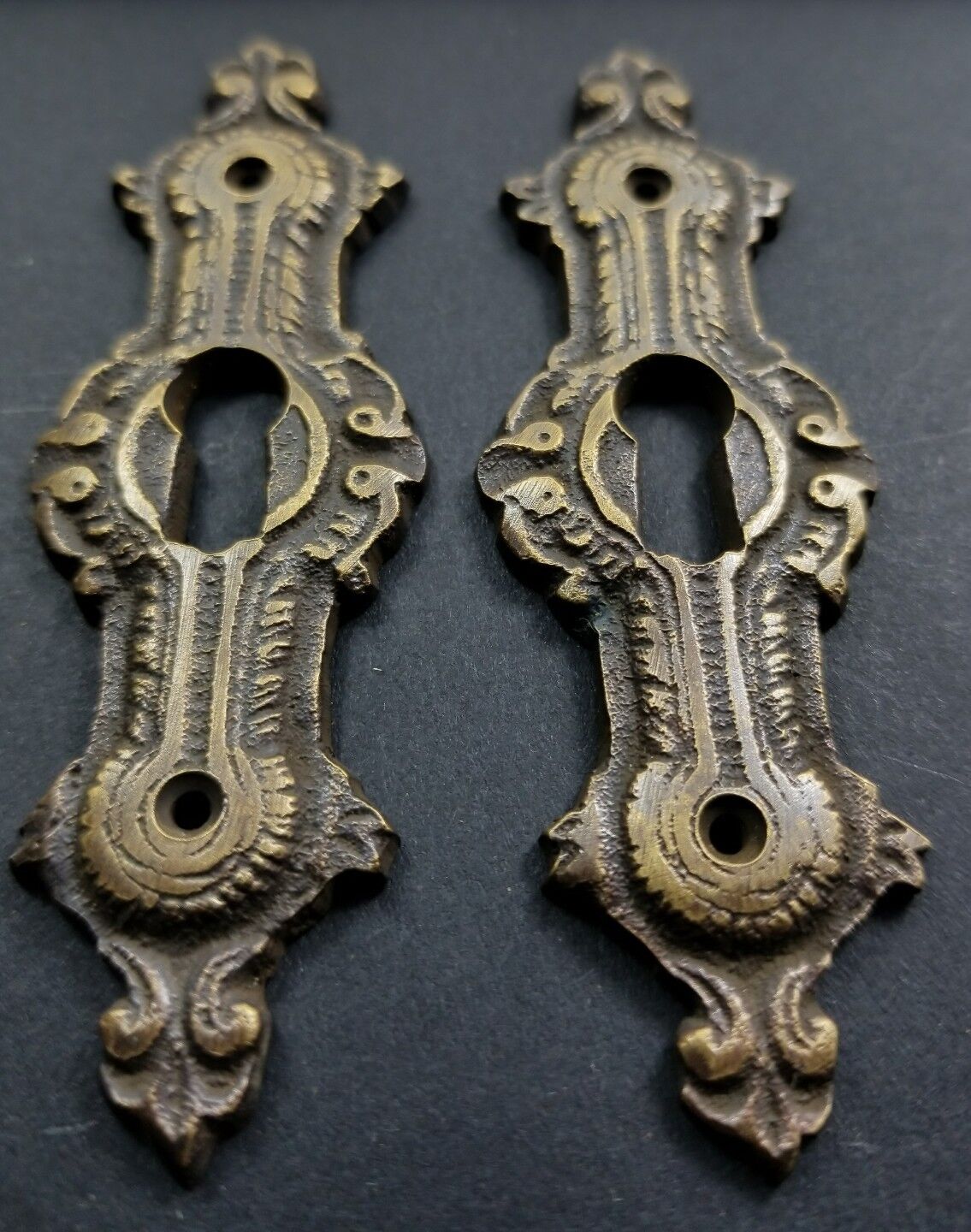 2 Antique Style Brass French Escutcheons Hardware Ornate Keyhole 3 1/4" #E20