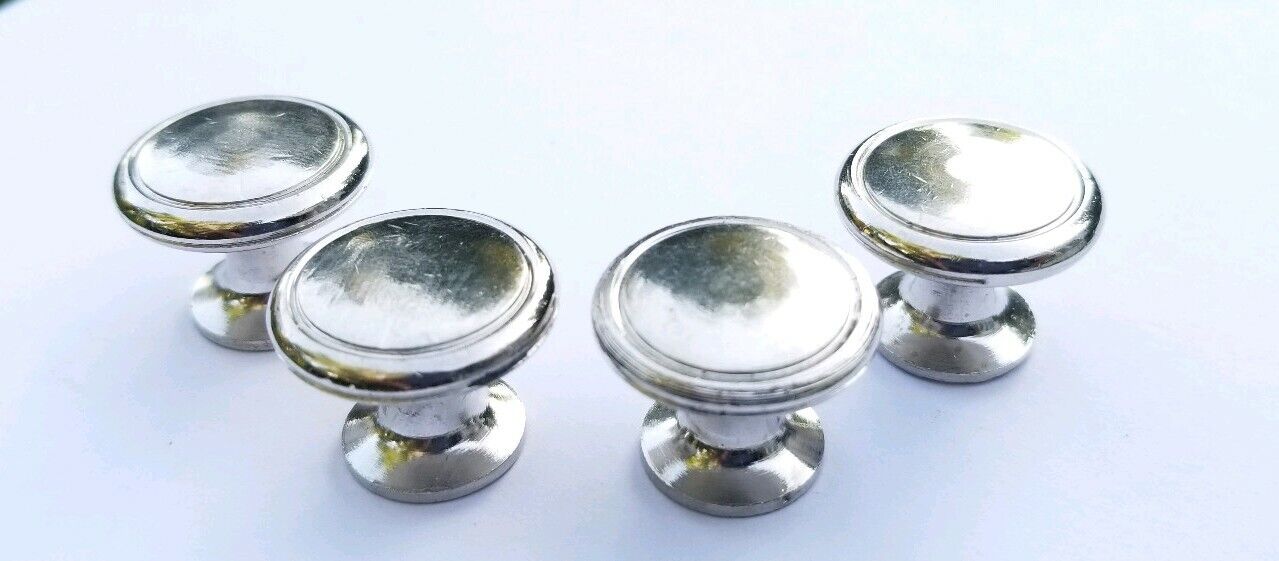 4 Vtg STYLE Round CHROME CABINET DOOR CUPBOARD CHEST DRAWER KNOBS 7/8" #K23
