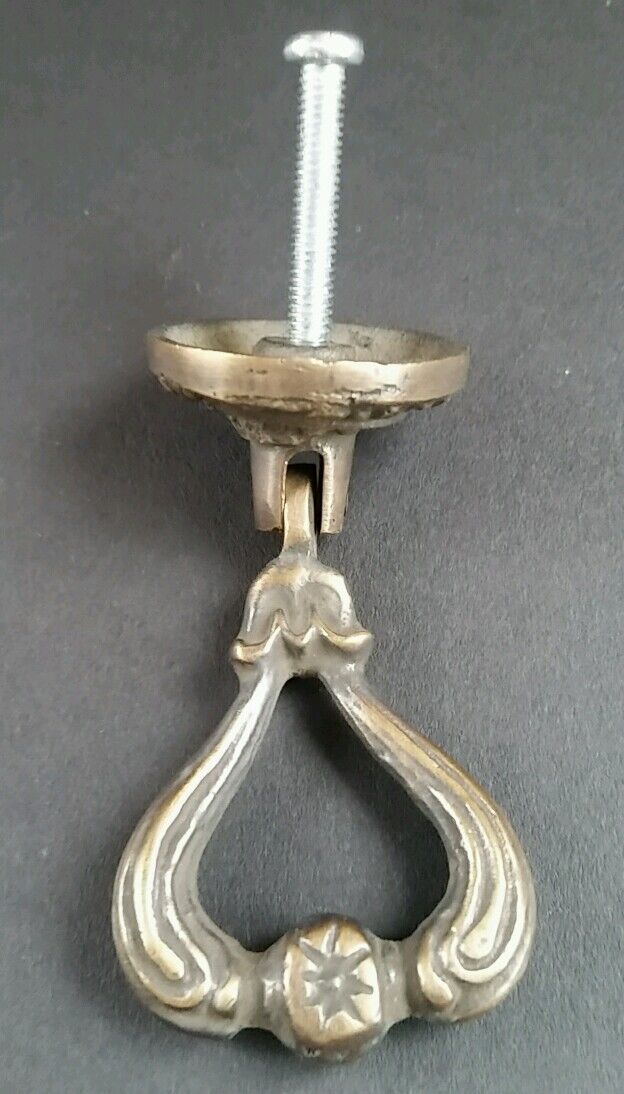 4 Ornate Brass Antique Style Handles Pulls Knob w Detailed Drop Ring 2 1/4" #H11