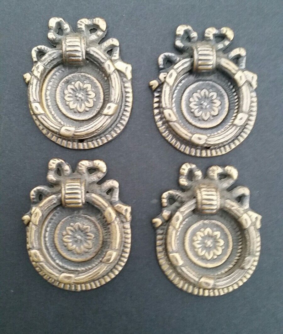 4 ornate round ring pull handles with detailed ribbon backplate 1 5/8" #H23