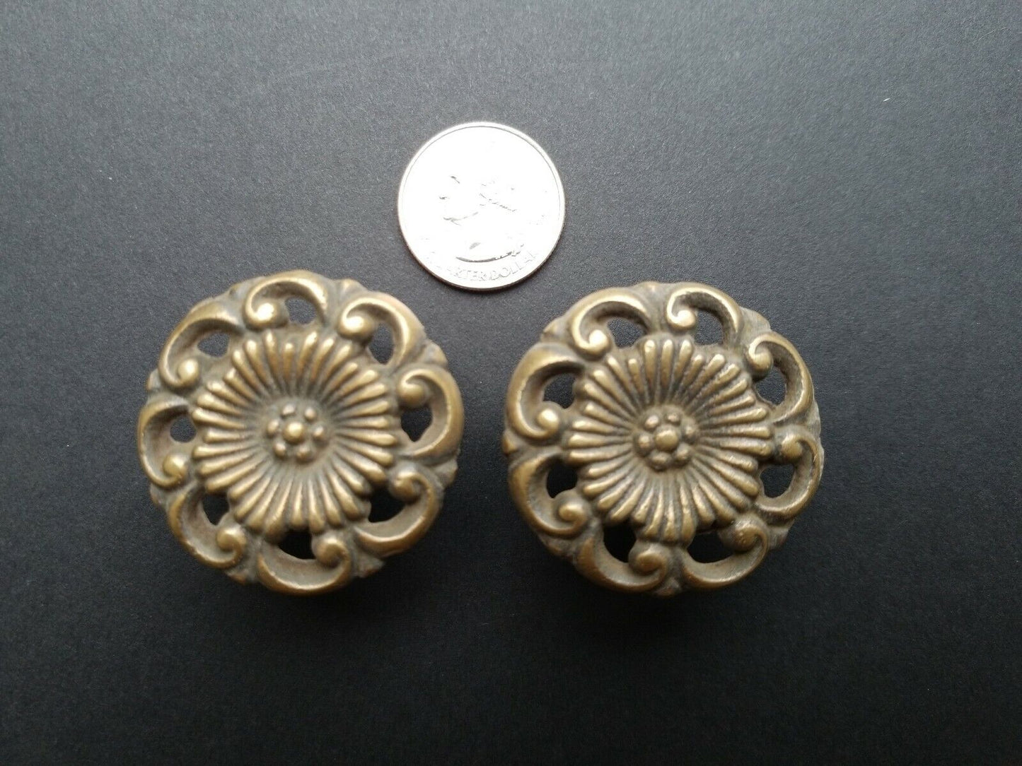 4 Antique Style Solid Brass ROUND KNOBS Ornate FLORAL 1-5/8" dia. #K24