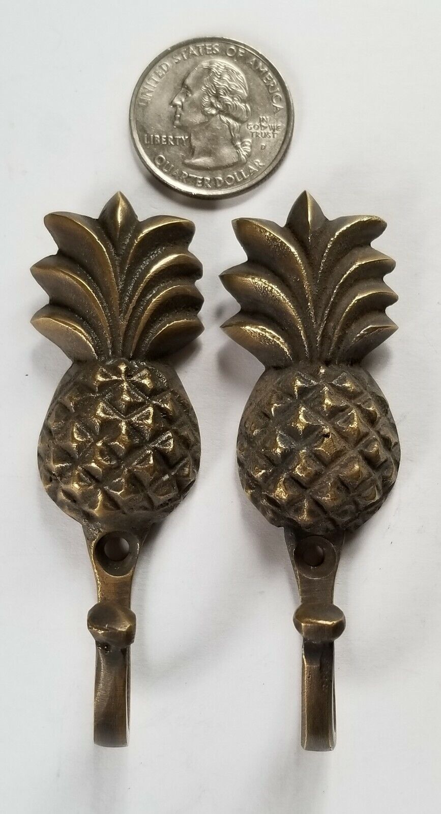 2 Vintage Style PINEAPPLE Fruit Strong HOOK Hanger Brass Coat Hat Hanger 3" #C21