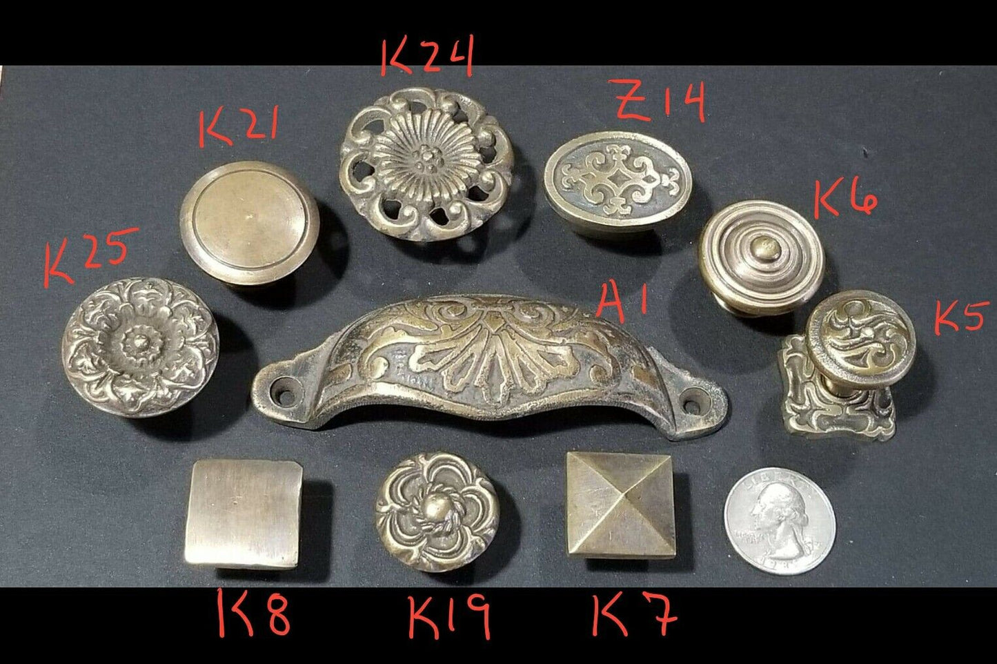 4 Apothecary Drawer Cup Bin Pull Handles 3-1/2"c. Antique Vict. Style Brass #A1