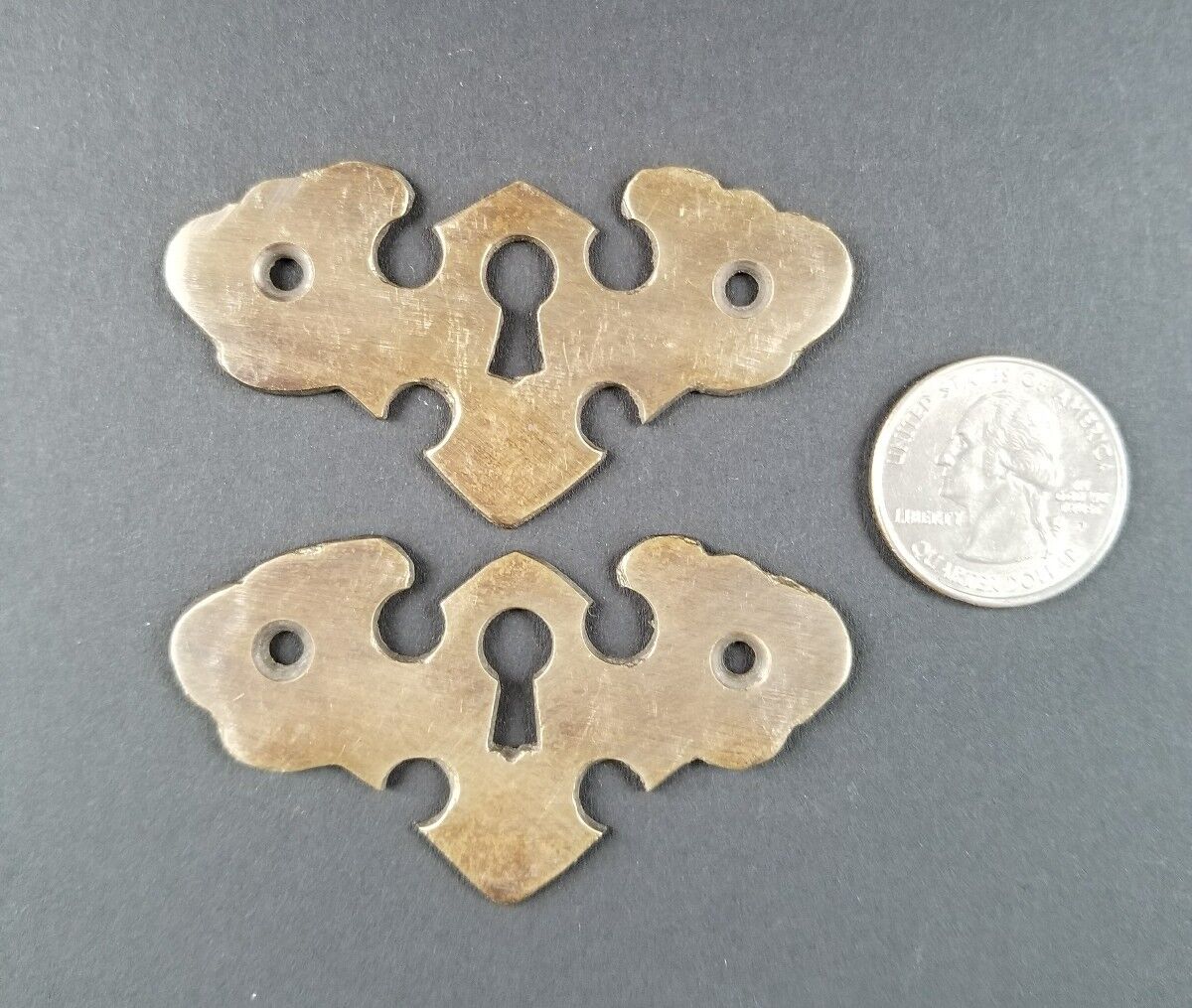 2 Vintage Antique Ornate Brass Escutcheons Keyhole Covers 2 1/2" wide #E17