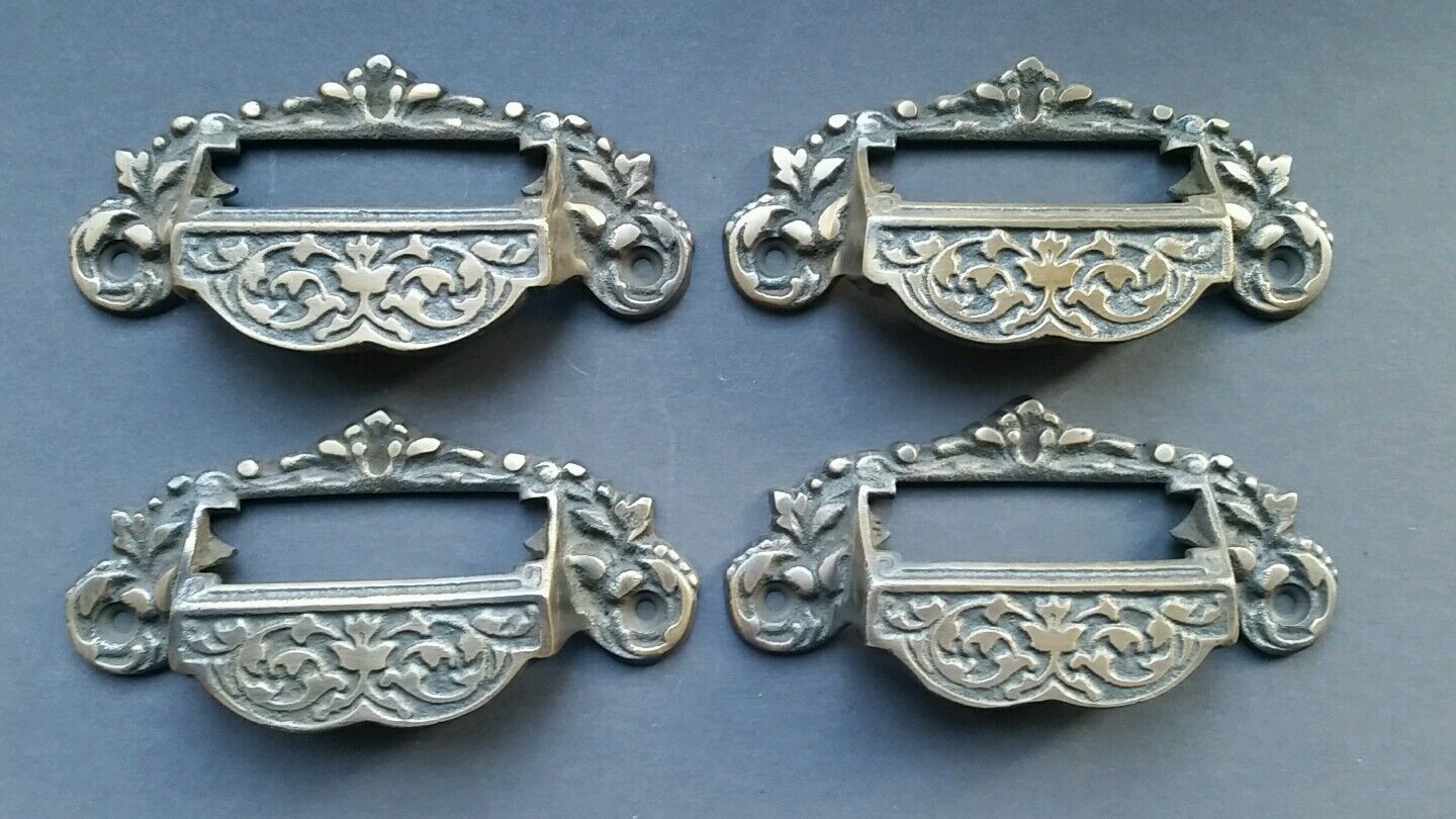 4 Victorian Antique Style Apothecary Bin Pull Handles w.label holder 3-3/4"c #A7