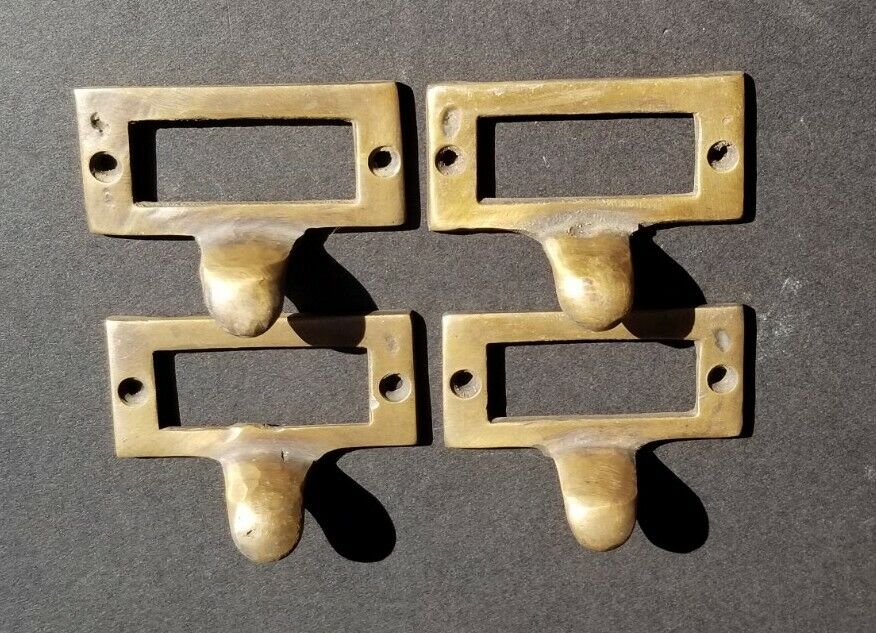 4 Brass Card File Holders With Handles Antique Style 2-1/8" wide x 1" tall #F2