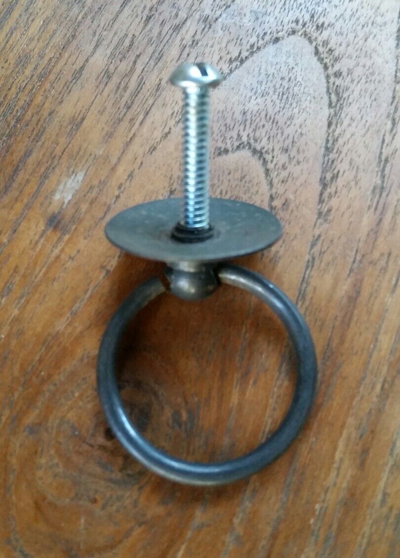 4 Rustic Antique Style Brass Round Ring Pull Handles 1 1/8" round backplate #H40