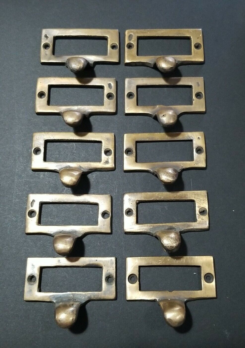 10 Solid Brass Library Card File Holder Handles Antique Style 2-1/8" wide #F2