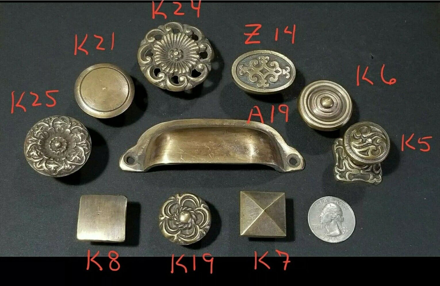 2 x Ant. Vintage Style Brass File Cabinet, Bin Pull Cup Handle 3-3/8" ctr #A19