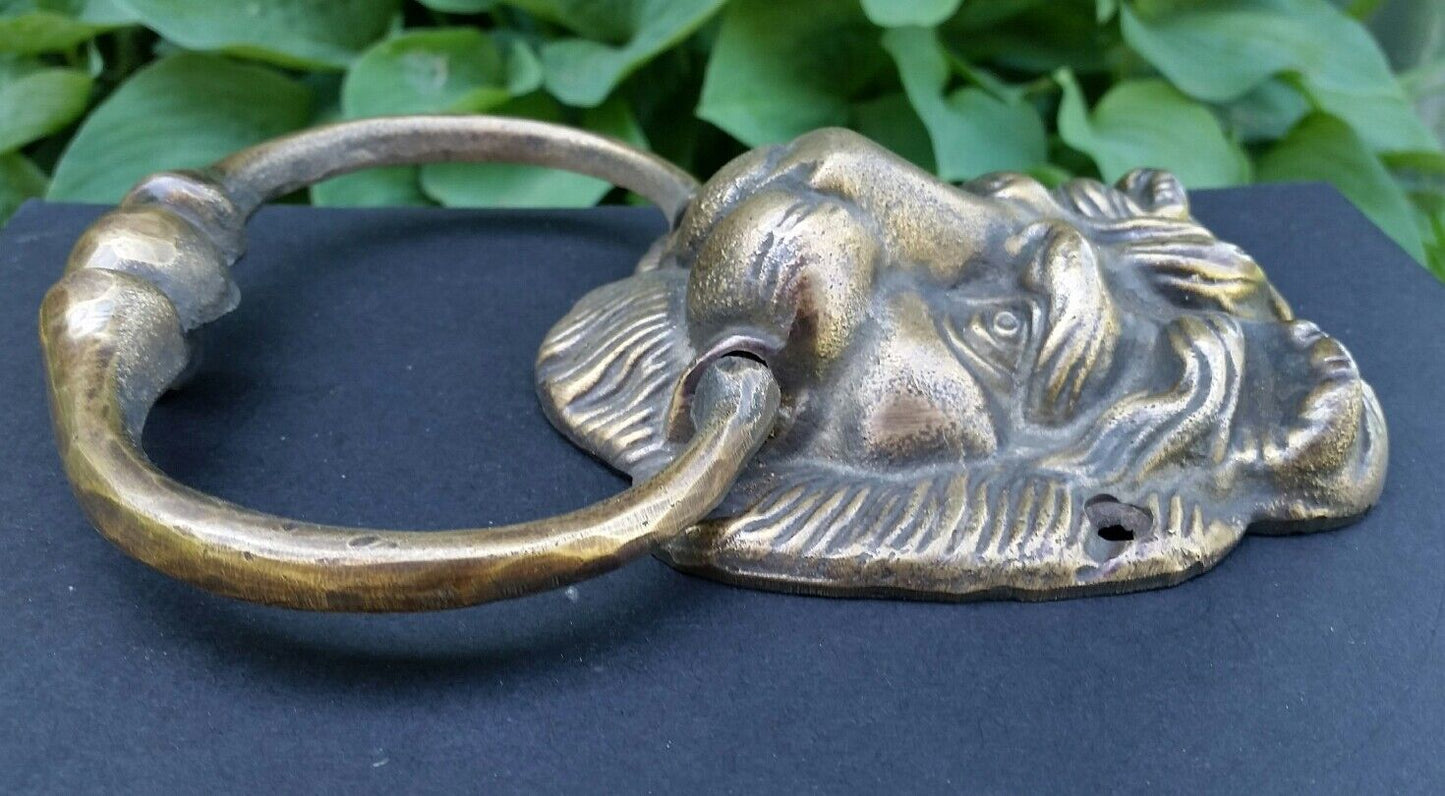 Lg. Antique Vintage Style Brass Lion Head Door Knocker, Towel Ring 6-1/2" # D2