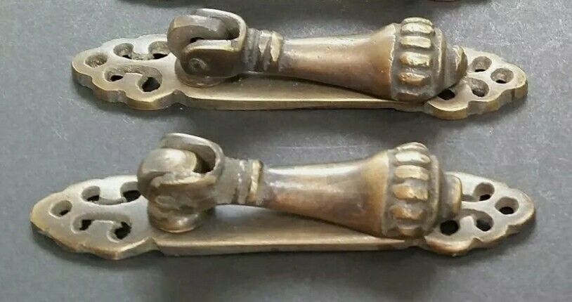 2 antique style vertical brass ornate pendant drop pull handles 2-7/8" #H6