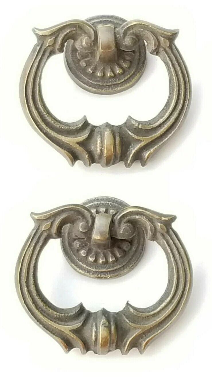 2 Ornate Handles Pulls w Detailed Drop Ring Antique Vintage Style 1-3/4" #H10